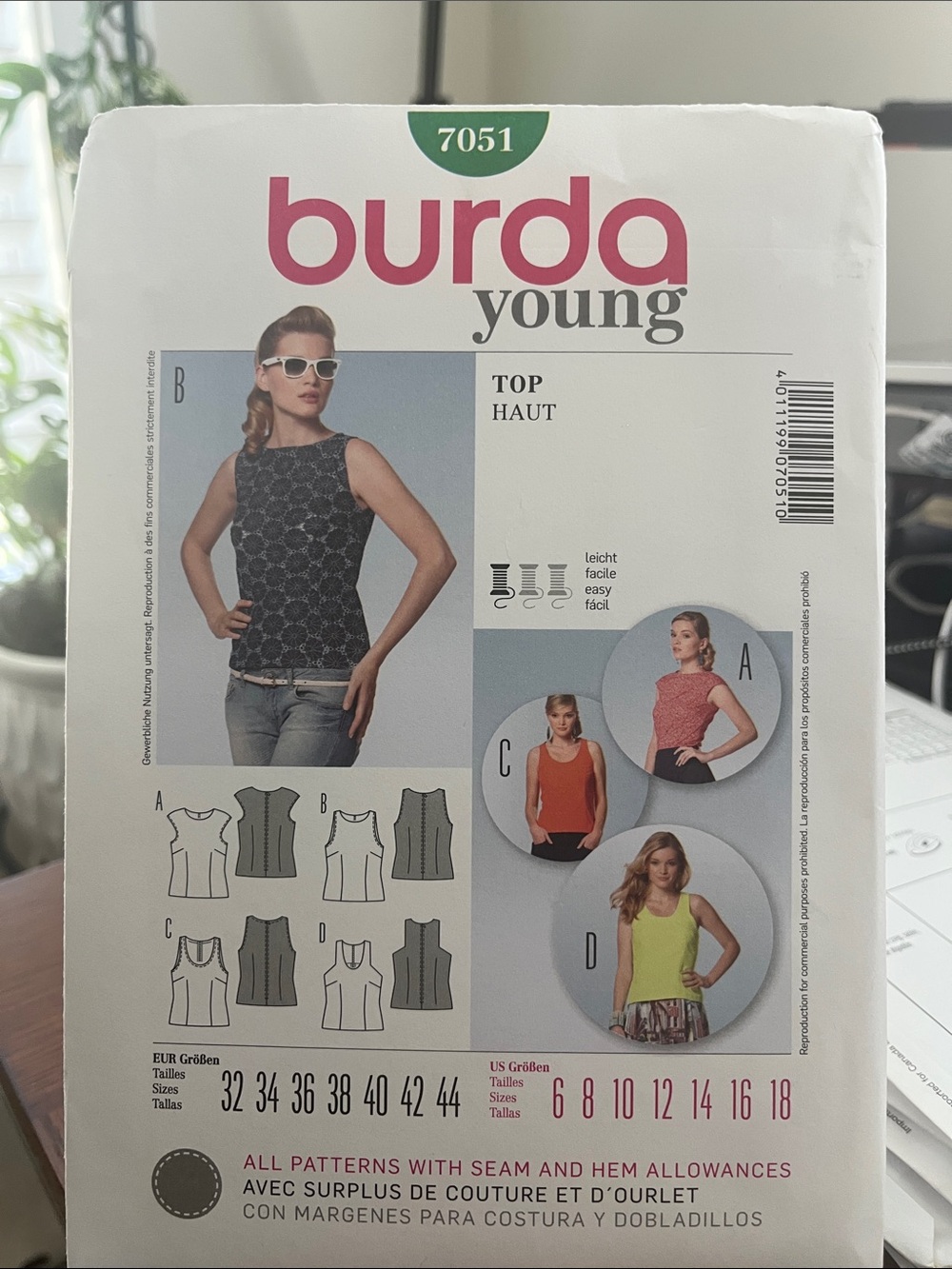 Navy Printed Sleeveless Top Sewing Pattern (7051)
